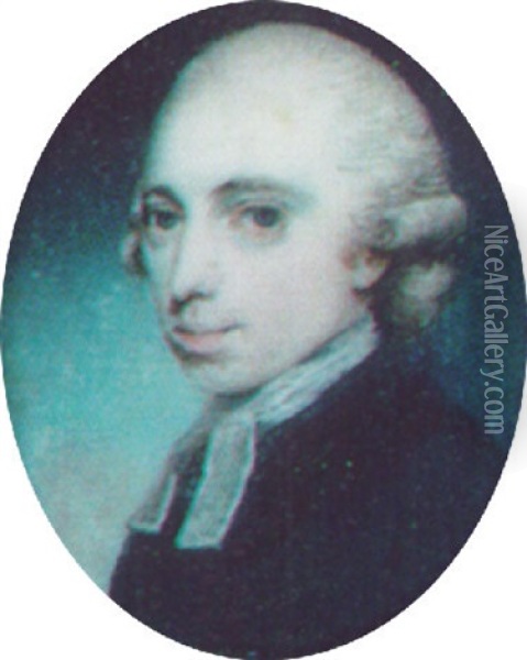 A Vicar Wearing A Powdered Bag Wig, Black Robes And White Bands Oil Painting - George Engleheart