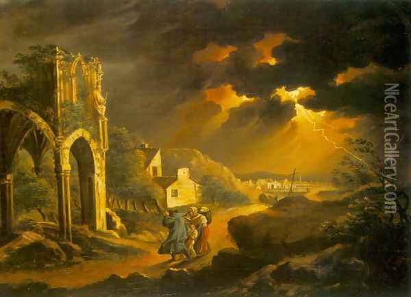 Storm at Night 1820s Oil Painting - Karoly Kisfaludy