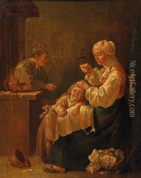 A Mother And Child In An Interior Oil Painting - Jacob Duck