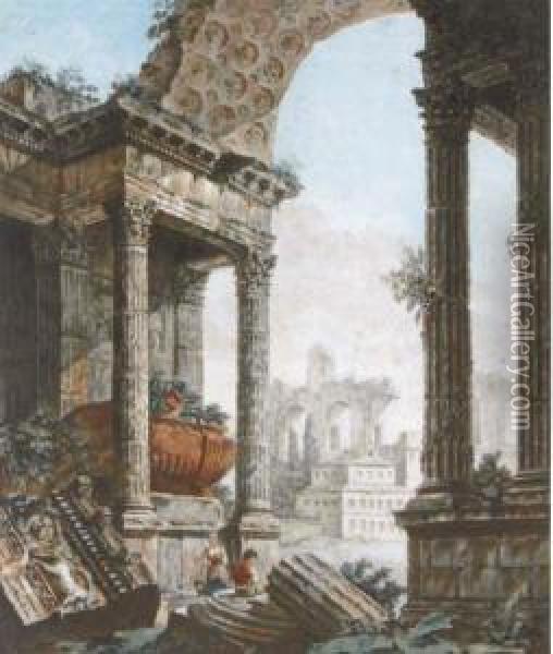 Figures Among Architectural Ruins Oil Painting - Jean-Francois Janinet