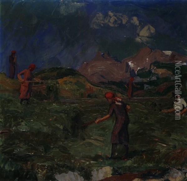 Gebirgslandschaft Mit Arbeitenden Bauerinnen Oil Painting - Giovanni Giacometti