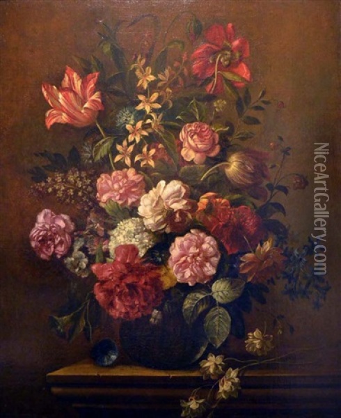 Bouquet De Roses, Des Tulipes, Des Pavots Et D'autres Fleurs Dans Un Vase En Verre Oil Painting - Jakob Bogdani