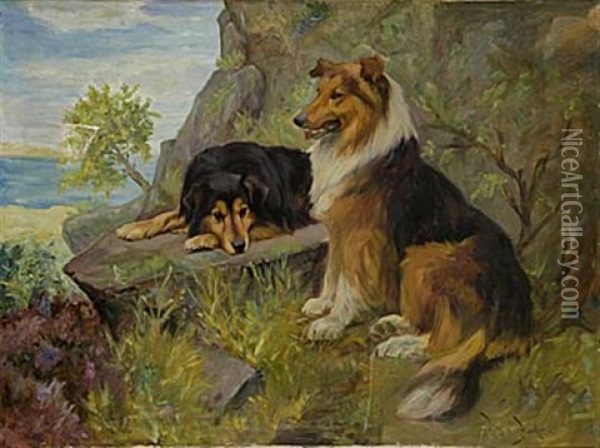 Hundar I Bergslandskap Oil Painting - Wright Barker