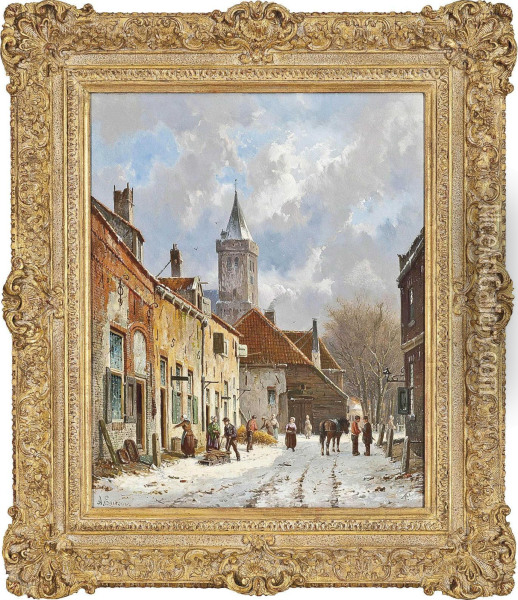 Figures On A Dutch Street In The Snow Oil Painting - Adrianus Eversen