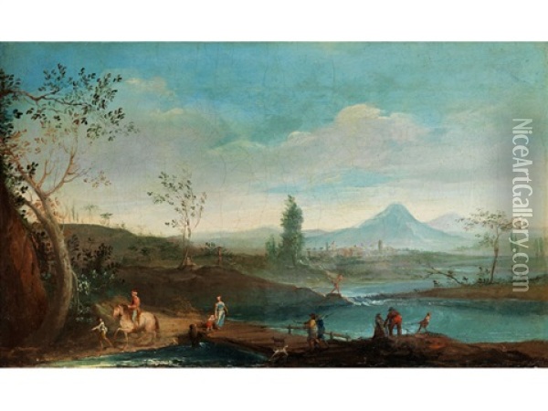 Landschaft Mit Fluss Und Figuren Oil Painting - Giuseppe Bernardino Bison