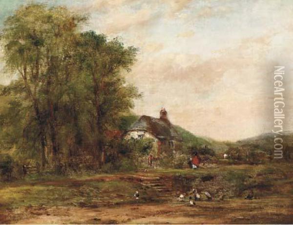 A Country Landscape With Figures On A Path By A Cottage Oil Painting - Frederick Waters Watts