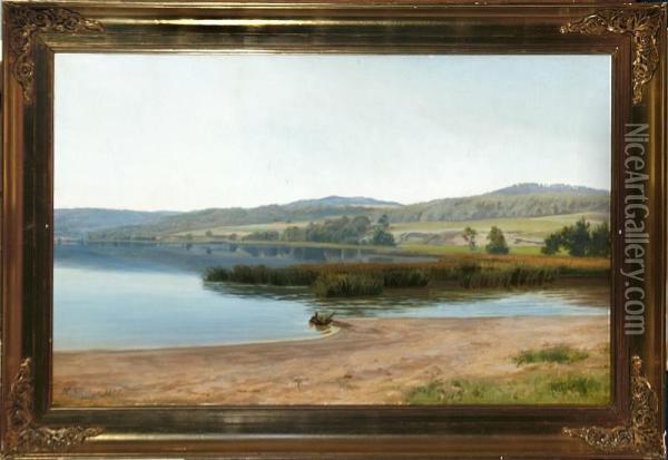 A Calm Day By A Lake In Jutland, Denmark Oil Painting - Hans Christian Fischer