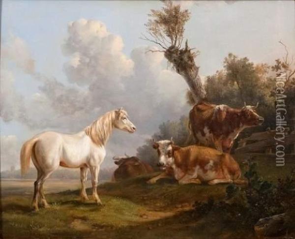 Vaches Et Cheval Blanc Oil Painting - Jan Kobell