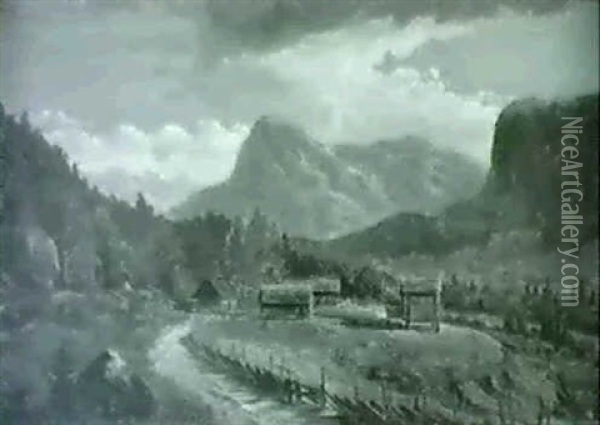 Huse Ved En Flod, I Baggrunden Bjerge Oil Painting - Gustaf-Werner Holmberg