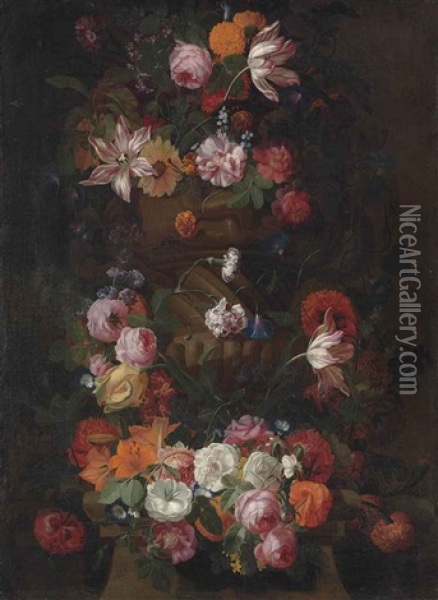 Parrot Tulips, Roses, A Sunflower And Other Flowers In A Sculpted Urn, With A Wreath Of Roses, Lilies, Morning Glory And Other Flowers Around A Column Oil Painting - Simon Hardime