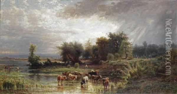 A Moorland With Cattle Grazing Oil Painting - Henry Cleenewerck