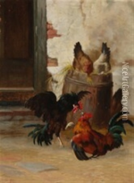 Two Cocks Fighting Oil Painting - Adolf Heinrich Mackeprang