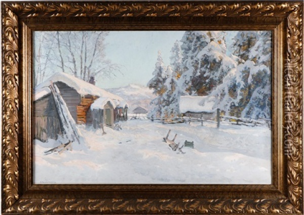 Timmerstuga I Vinterlandskap, Motiv Fran Dalerne Oil Painting - Anshelm Schultzberg