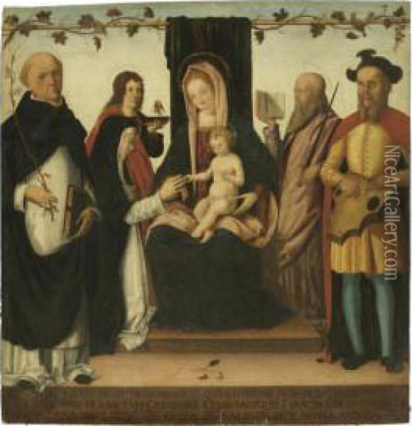 The Mystical Marriage Of St. Catherine, With St. Dominic, St. John The Evangelist, St. Paul And An Unknown Figure, Possibly King David, Plucking A Pig's Head Psaltery Oil Painting - Domenico Panetti
