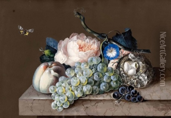 Obststillleben Mit Blumen Und Vogelnest Oil Painting - Johann Baptist Drechsler