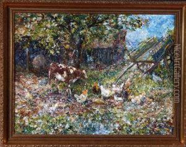 An Impressionistic Farmyard Scene With A Cart By A Pool Andchickens And A Calf Nearby Oil Painting - John Falconar Slater