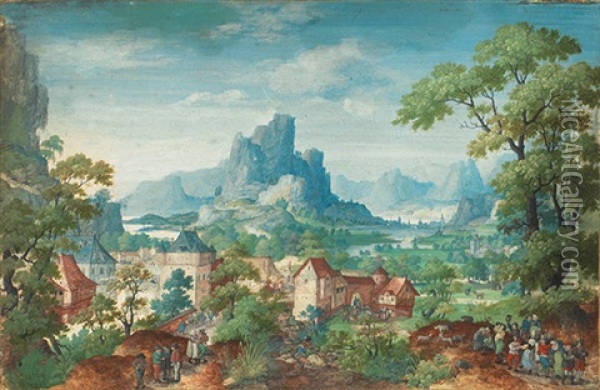Phantasielandschaft Mit Einer Kleinen Stadt, Zwei Volksgruppen Und Blick Auf Ein Gebirge Oil Painting - Hans Bol
