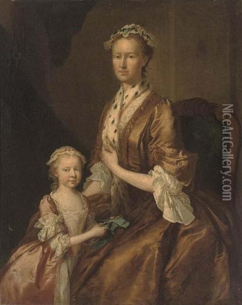 Portrait Of A Mother And Her Daughter, Three-quarter-length, The Former Seated, In A Brown Dress And Ermine Shawl, The Latter In A Pink Dress, Holding Scissors And A Ribbon Oil Painting - George Beare