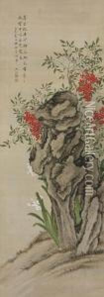 Narcissus, Nandina Berries, And Rocks Oil Painting - Shen Yuan