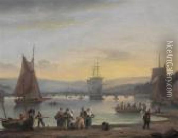 Harbour Scene At Teignmouth Devon Oil Painting - Thomas Luny