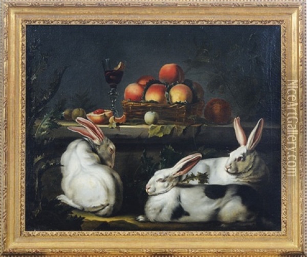 Three White Rabbits By A Ledge With Peaches In A Basket Oil Painting - Jean-Jacques Bachelier