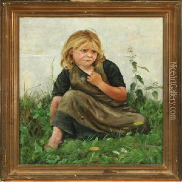 Portrait Of A Girl Sitting In The Grass Oil Painting - Emilie Mundt