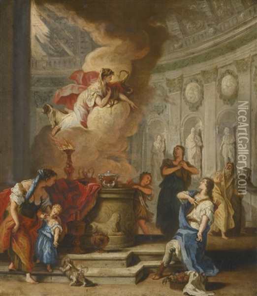 A Goddess Flanked By A Snake And A Dog Appearing In A Temple Oil Painting - Sebastiano Ricci