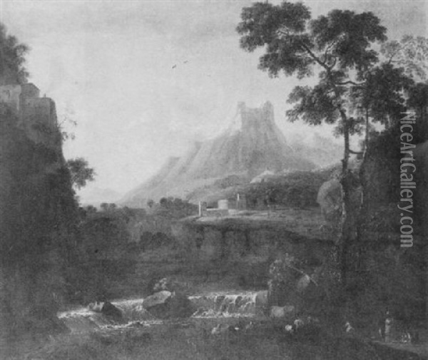 An Italianate Landscape With Milkmaids Watering Their Livestock In The Foreground, A Waterfall, A Castle And Mountains Beyond Oil Painting - Bartholomeus Appelman
