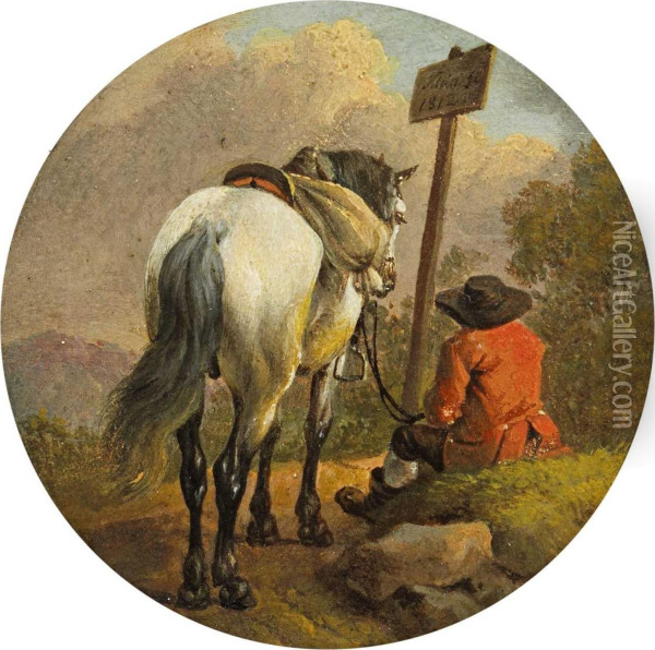 Rastender Reiter Mitseinem Gesatteltem Schimmel Oil Painting - Johann Adam Klein