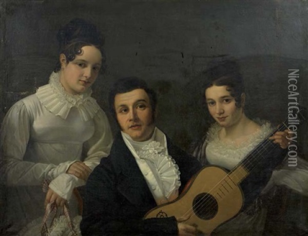 Portrait D'un Musicien Entoure De Deux Jeunes Femmes Oil Painting - Charles Dielman