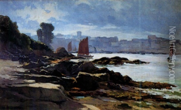 Le Port De Concarneau, Barques Sous Voiles Oil Painting - Henri Alphonse Barnoin