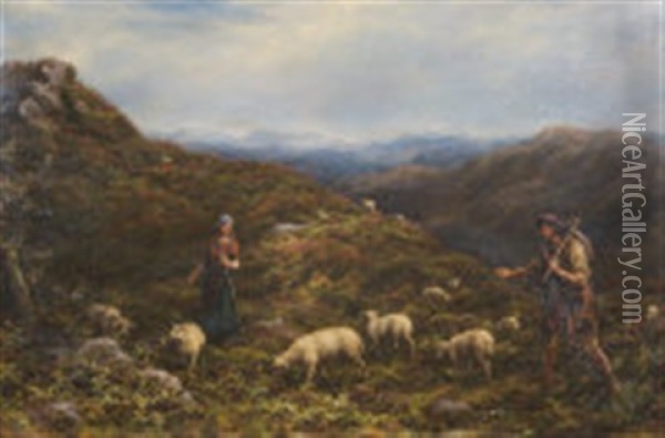 Shepherds With Their Flock In A Mountainous Landscape Oil Painting - William Linnell