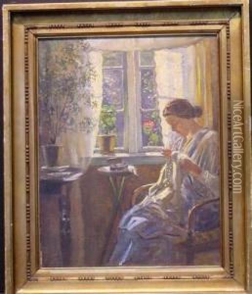 Woman Sewing Beside A Window Oil Painting - Frederik Lange