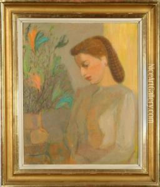 Ung Kvinna Med Paskris Oil Painting - Curt Clemens
