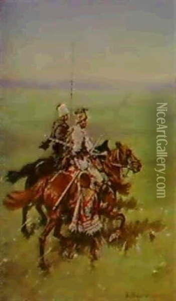 Two Mounted Cossacks Oil Painting - Mikolai Ivasiuk