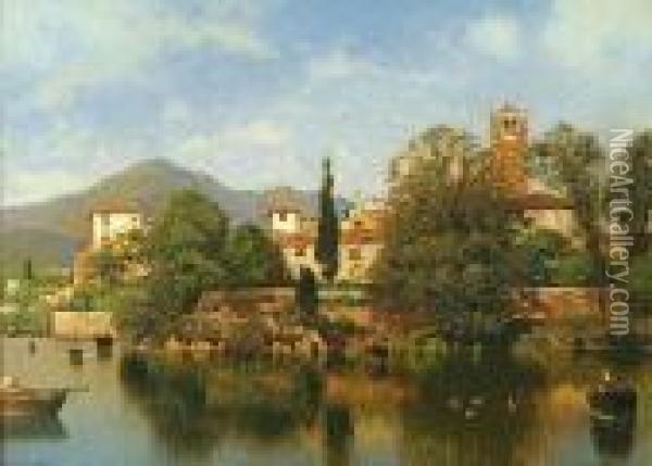 Italian Lakeside Town Oil Painting - Henry Pember Smith