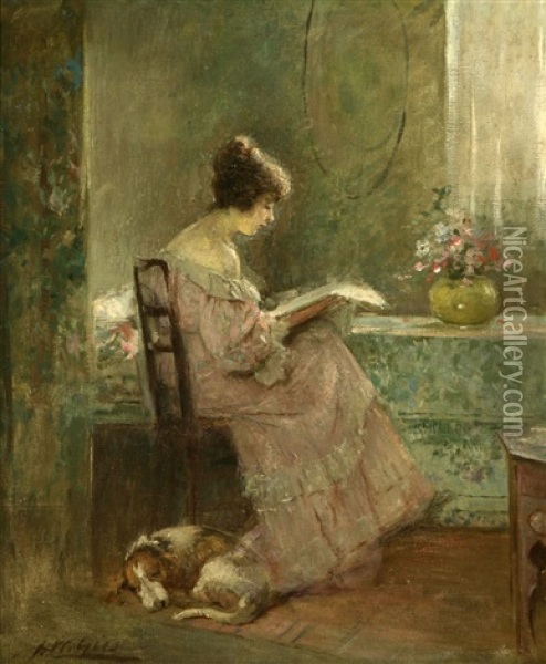 A Young Girl Reading In An Interior In The Sunshine Oil Painting - Joseph W. Gies