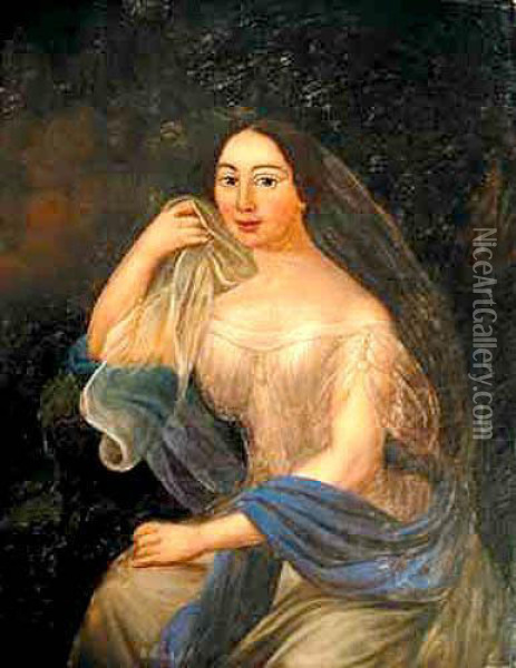 Portret Kobiety W Blekitnym Szalu Oil Painting - Feliks Hanusz