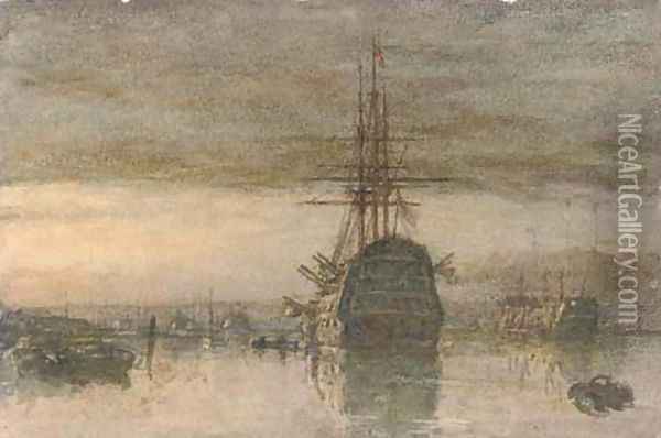A Third Rate and a hulk lying in Portsmouth Harbour at dusk Oil Painting - Henry Robert Robertson
