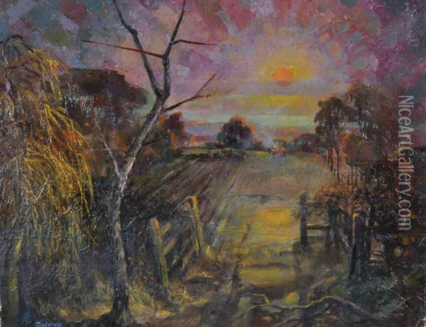 Stylised Rural Sunset Oil Painting - Harry Fred Darking