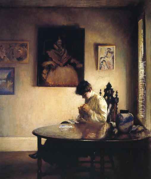 A Girl Crocheting Oil Painting - Edmund Charles Tarbell