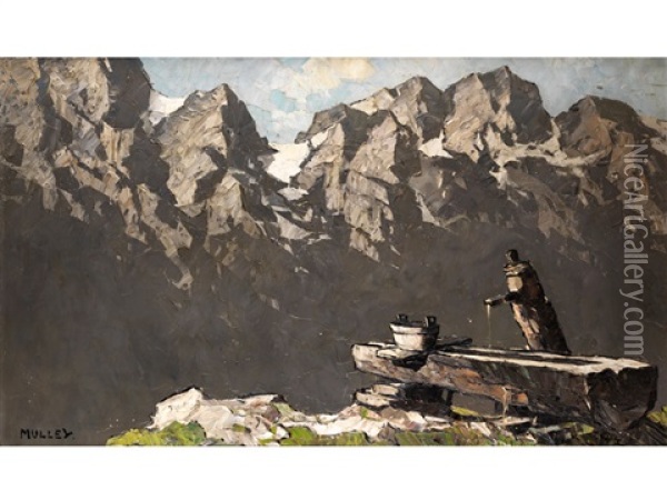 Holzerner Brunnen Mit Trog Vor Dem Panorama Der Hochalpenkette Oil Painting - Oskar Mulley