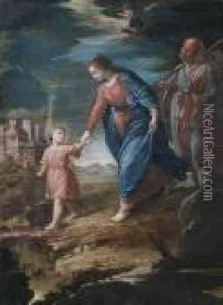 The Holy Family On The Flight. Oil Painting - Jacopo Bassano (Jacopo da Ponte)