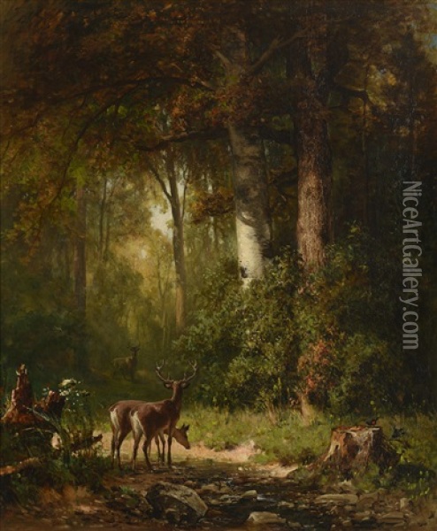 Deer In A Thicket Oil Painting - Thomas Hill