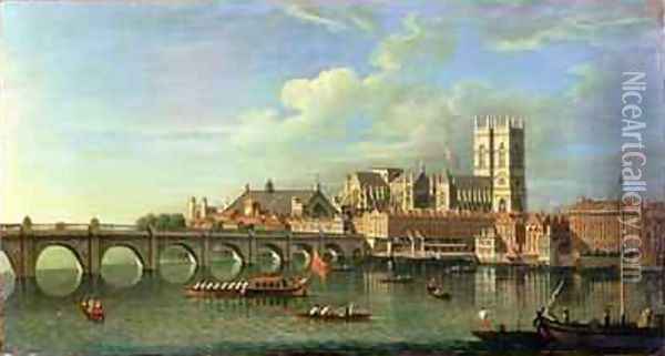 A View Of Westminster With The Royal Barge And Other Shipping Oil Painting - Joseph Nicholls