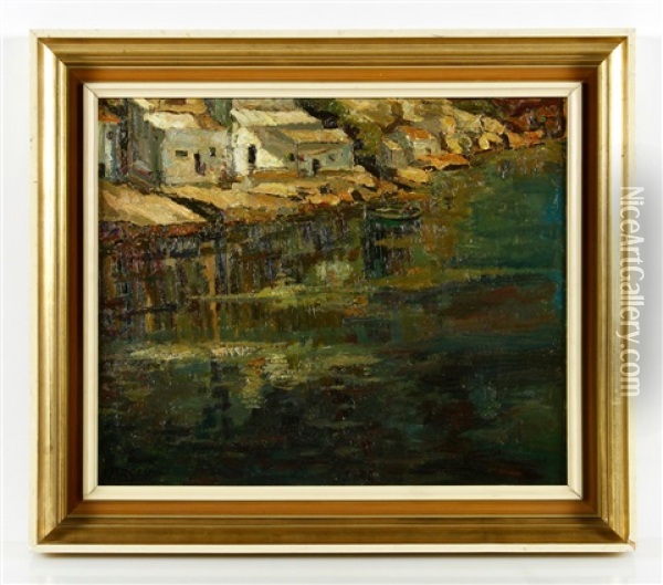 Houses By A River Oil Painting - John Leslie Breck