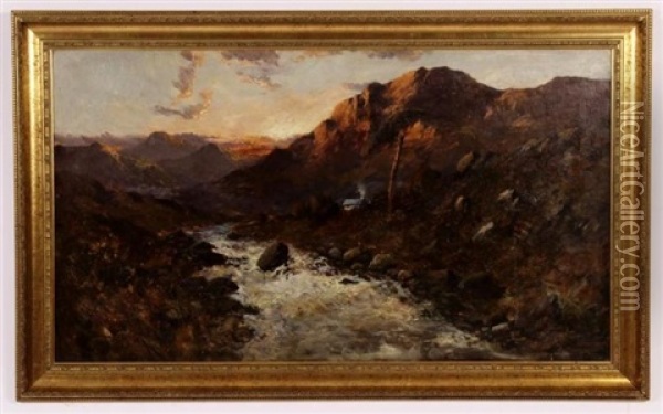 Mountain Landscape W/ Creek At Sunset Oil Painting - Alfred de Briansky SR