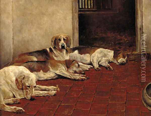 Hounds in a kennel Oil Painting - English School