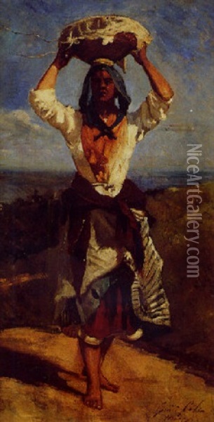 Jeune Femme Portant Un Panier Sur La Tete, Pres De La Mer A Hendaye Oil Painting - Gustave Henri Colin