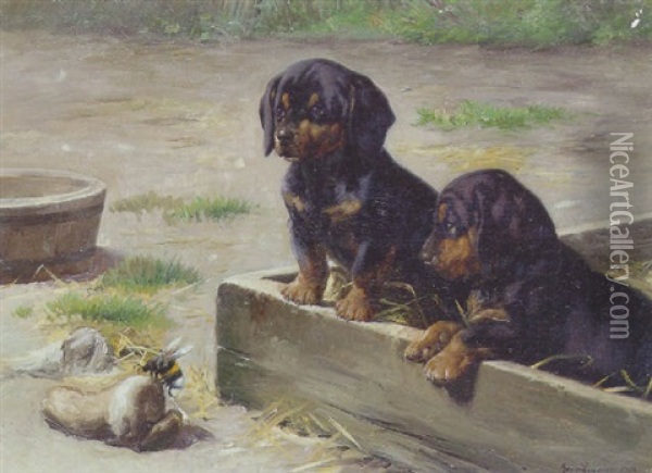 Betaenkelige Gravhundehvalpe Og Humlebi Oil Painting - Simon Simonsen